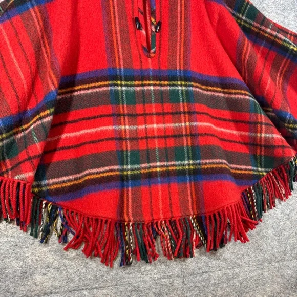 Vintage Edinburgh Woollen Mill Red Plaid Tartan Wool Poncho Cape Hooded Fringe - Picture 5 of 16